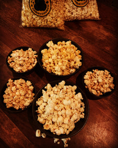 Kettle Korn Christchurch bacon Crave, Salted Caramel, Salty Sweet, spicy Kiwi popcorn kettle corn in bowls and Small bags. 