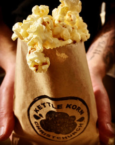 Kettle Korn Christchurch Plain Sea Salt popcorn kettle corn in a compostable paper bag.