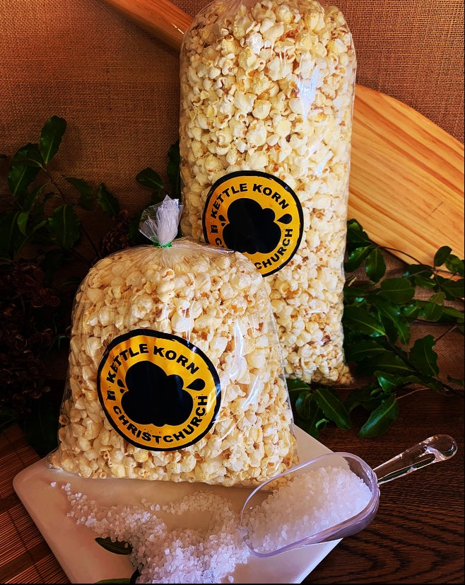 Kettle Korn Christchurch Plain Sea Salt popcorn kettle corn in Small and Large bags. 